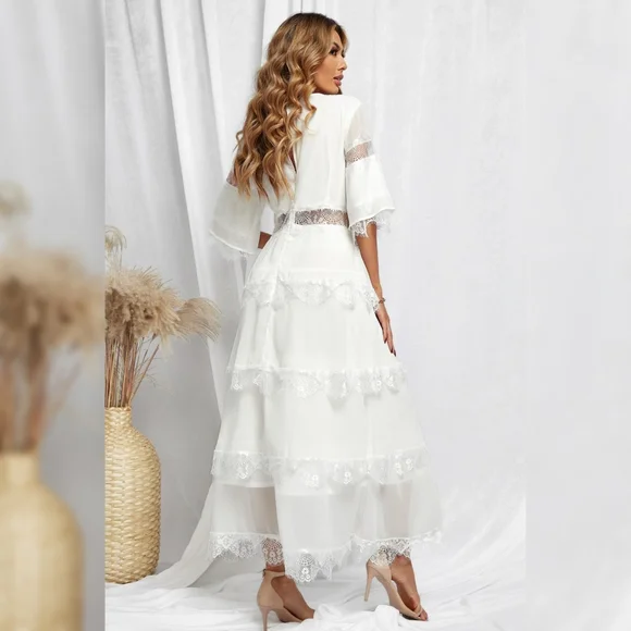 White V-Neck Spliced Lace Maxi Dress - Picture 4 of 4